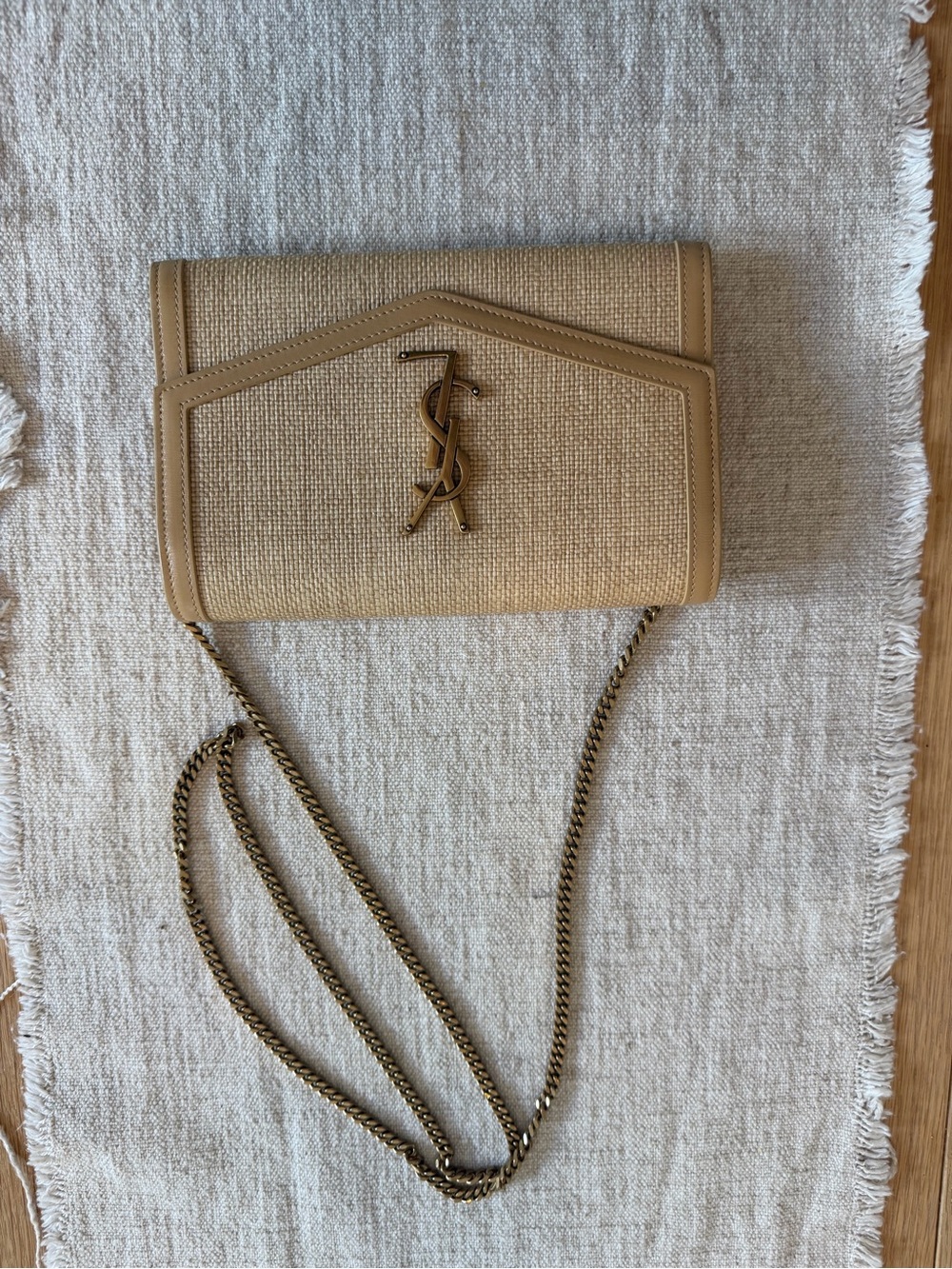 Saint Laurent YSL Uptown Raffia Wallet on Chain Natural Beige Crossbody Bag